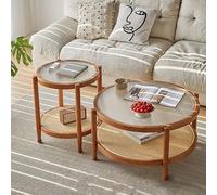 Set di 2 tavolini da caffè moderni, con struttura in legno di gomma di grado FAS, tavolino rotondo per soggiorno, tavolino da caffè in vetro a due strati, struttura a otto per qualsiasi spazio