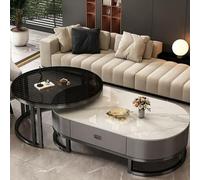 Set di 2 tavolini da caffè moderni ovali in pietra, per soggiorno, struttura in acciaio, set di 2 tavolini rotondi contemporanei per soggiorno e camera da letto, 80 x 45 + 120 x 60 x 38 cm