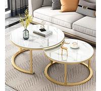 Set di 2 tavolini da caffè Nesting - Moderno piano rotondo in finto marmo con telaio ad arco dorato, base in acciaio allargata per soggiorno, ufficio, balcone