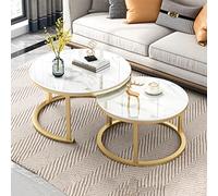 Set di 2 tavolini da caffè Nesting - Moderno piano rotondo in finto marmo con telaio ad arco dorato, base in acciaio allargata per soggiorno, ufficio, balcone