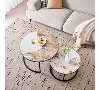 Set di 2 tavolini da caffè rotondi in marmo moderno ed elegante, struttura in metallo semplice, adatto per soggiorno, sala studio, camera da letto