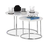 Relaxdays Set 2 tavolini sovrapponibili rotondi piccolo tavolo opaco di legno e metallo cromato 60x60 cm bianco