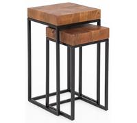 Set di 2 tavolini di design Sheesham WL5.660 in metallo, piccolo | Set di 2 tavolini in legno massello | tavolo da soggiorno in metallo | tavolino stretto
