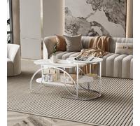 Set di 2 tavolini estraibili, tavolo da salotto rotondo, tavolino da caffè con contenitore con struttura in metallo resistente per soggiorno, camera da letto, ufficio (ovale, bianco+argento)