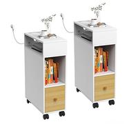 Set di 2 tavolini impilabili bianchi con scomparti aperti e cassetto, ruote girevoli multipresa, 70 x 50 x 25 cm, ideali per soggiorno e camera da letto