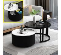 Set di 2 tavolini moderni rotondi impilabili con contenitore, eleganti tavolini in vetro per piccoli spazi, gambe nere, design componibile per un uso versatile del soggiorno
