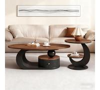 Set di 2 tavolini ovali da caffè, moderni tavolini rotondi impilabili con cassetti e contenitori, centro soggiorno da terra con tavolino rotondo(Nero,100CM/16.68IN)