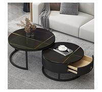 Set di 2 tavolini rotondi con cassetti, set di tavolini da soggiorno, tavolino da soggiorno con texture ardesia-marmo, struttura in metallo, tavolo da tè moderno per camera da letto, mobili (nero C 70