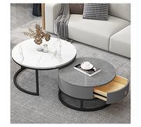 Set di 2 tavolini rotondi con cassetti, set di tavolini da soggiorno, tavolino da soggiorno con texture ardesia-marmo, struttura in metallo, tavolo da tè moderno per camera da letto, mobili (nero F 70