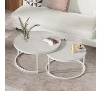 Set di 2 tavolini rotondi moderni, set di tavolini laterali a incastro per l'arredamento del soggiorno, con robusta struttura in metallo e tavolino da cocktail rotondo laterale in pietra sin