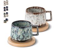 Set di 2 tazze da caffè, 190 ml, con piattini in legno, tazze da caffè con piattini, tazze in gres porcellanato per caffè, americano, latte, caffè, mocha e tè (2, beige + ciano)