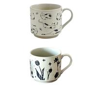 Set di 2 tazze da caffè in ceramica da 300 ml con gatti e tulipani in rilievo - tazze termiche a pareti spesse, manico ergonomico, lavabili in lavastoviglie (tono vintage, regalo per genitori