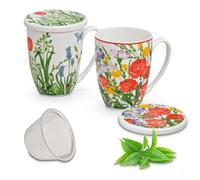 Set di 2 tazze in bianco con fiori - dolce tazza da tè con coperchio e colino per 300 ml - tazze da tè eccezionali lavabili in lavastoviglie e adatte al microonde come regalo