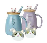 Set di 2 tazze per bevande graziose con gatto in ceramica con coperchio in bambù e cucchiaio Novità Tazze per caffè, latte e tè con gatto per amanti dei gatti, donne (Blu e Viola)