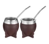 Set di 2 tazze Yerba Mate in acciaio inox, corpo in gomma marrone chiaro, bocca larga e bocca stretta da 180 ml, cannuccia elegante in acciaio inox, dettagli argentati, ideali per bere il tè