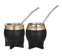 Set di 2 tazze Yerba Mate in acciaio inox, corpo in gomma nera, bocca larga e bocca stretta da 180 ml, cannuccia elegante in acciaio inox, dettagli dorati, ideali per bere il tè tradizionale Mate