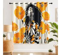 Set di 2 tende oscuranti, alla moda e alla moda, con fiori arancioni e neri, ritratti artistici, morbide, termiche, protezione dal freddo, per camera da letto, 215 x 140 cm (altezza x larghezza)