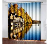 Set di 2 tende oscuranti per camera da letto, casa sul lago e alberi, 137 cm, lunghezza 137 cm, in poliestere, colore: giallo e blu, 2 pezzi, 1011 x 137 cm (larghezza x lunghezza)