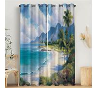 Set di 2 Tende Oscuranti, Stampate Dipinto Di Spiaggia Azzurro cielo Tende, Isolanti Termici Anti Freddo con Occhielli, 140L x 200A cm Casa Arredamento Paesaggio Dell'Isola Elemento Due Pannelli