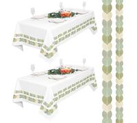 Set di 2 Tovaglie Bianche 153x260cm con Bordo Stampato Foglie Verdi, Tovaglie Rettangolari in Poliestere Antipiega e Lavabili di Alta Qualità per Matrimoni, Feste, Banchetti