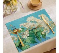 Set di 2 Tovagliette decorative Americane, Petali Bianchi Fiori Lavabili Colazione Tovagliette,Cucina Lino Cotone Stampate Astratto Piante per Tavolo da Pranzo,Matrimonio 45 x 30 cm