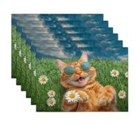 Set di 2 Tovagliette Gatto Che Indossa Occhiali Da Sole Fiori, 45x30cm Sottopiatti Realismo Animale, Lino Tovagliette Lavabili, Antiscivolo Sottopiatti per Decorare La Cucina Idea Regalo, Arancia