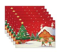 Set Di 2 Tovagliette Natalizie,45X30 cm Sottopiatti, Lino Tovagliette Lavabili,Albero Natale In Legno Nella Neve, Sottopiatto Natalizio Per La Tavola E Decorazioni, Rosso Scuro