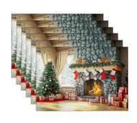 Set Di 2 Tovagliette Scena Natalizia Al Chiuso In Lino, Modello Camino In Pietra Albero Natale Tovagliette, Lavabile Verde Stagionale Tovagliettes, 45X30cm