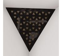 Set di 2 Trappole per bassi angolari per soffitto “Triangle-F” in schiuma acustica piramidale con piastra HDF laminata perforata triangolare e tessuto vellutato | [TRI - Plastica nera | Beige]
