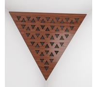 Set di 2 Trappole per bassi angolari per soffitto “Triangle-F” in schiuma acustica piramidale con piastra HDF laminata perforata triangolare e tessuto vellutato | [TRI - Noce | Marrone]