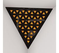 Set di 2 Trappole per bassi angolari per soffitto “Triangle-F” in schiuma acustica piramidale con piastra HDF laminata perforata triangolare e tessuto vellutato | [TRI - Plastica nera | Giallo]
