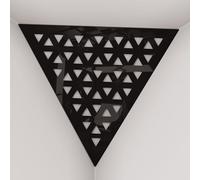 Set di 2 Trappole per bassi angolari per soffitto “Triangle-F” in schiuma acustica piramidale con piastra HDF laminata perforata triangolare e tessuto vellutato | [TRI - Plastica nera | Bianco]