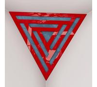 Set di 2 Trappole per bassi angolari per soffitto “Triangle-F” in schiuma acustica piramidale con piastra HDF laminata perforata triangolare e tessuto vellutato | [SCIFI - Plastica rossa | Blu]