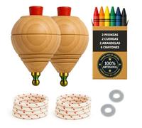 Set di 2 Trottole in Legno per Bambini | + 6 Pastelli a cera + 2 Rondelle, Fatto a Mano in Spagna, Punta Arrotondata.