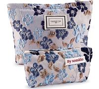 Set di 2 trousse da viaggio con motivo floreale, per donne e ragazze, grande e piccola, con cerniera, per borsa, HK 2Pz Grigio Blu