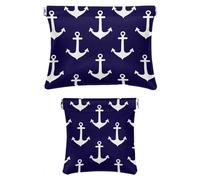 Set di 2 trousse in finta pelle, piccola borsa per il trucco, mini tasca tascabile, borsa portaoggetti multifunzione, motivo ancora blu navy, Motivo: 4104, 7.1x5.8in/4.7x4.5in