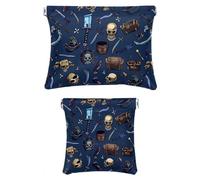 Set di 2 trousse in finta pelle, piccola pochette per trucco, mini tasca tascabile, mini astuccio per rossetto, teschio nautico vela, pappagallo, cartone animato vintage, Motivo: 4099,