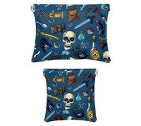 Set di 2 trousse in finta pelle, piccola pochette per trucco, mini tasca tascabile, mini astuccio per rossetto, teschio nautico vela, pappagallo, cartone animato vintage, Motivo: 4097,