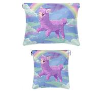 Set di 2 trousse in finta pelle, piccola trousse per il trucco, impermeabile, mini borsa per il trucco tascabile, per rossetto, lama animale, arcobaleno, alpaca kawaii, Motivo: 3370,