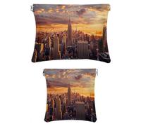 Set di 2 trousse per il trucco in finta pelle, piccola borsa per il trucco, mini tasca tascabile, mini custodia da viaggio per cosmetici, paesaggio al tramonto di New York City, Motivo: 4148,