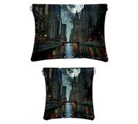 Set di 2 trousse per il trucco in finta pelle, piccola borsa per il trucco, mini tasca tascabile, mini custodia da viaggio per cosmetici, paesaggio al tramonto di New York City, Motivo: 4151,