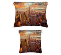Set di 2 trousse per il trucco in finta pelle, piccola borsa per il trucco, mini tasca tascabile, mini custodia da viaggio per cosmetici, paesaggio al tramonto di New York City, Motivo: 4146,
