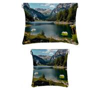 Set di 2 trousse per il trucco in finta pelle, piccole tasche per borsa, borsa per trucco a chiusura automatica per donne, borsa multifunzionale da viaggio, paesaggio, boschi di montagna e lago,