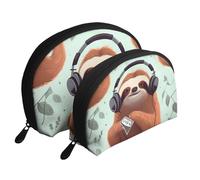 Set di 2 trousse portatili a forma di treno a vapore, con cerniera, per cosmetici, Divertente Carino Animale Bradipo Musica, Taglia unica
