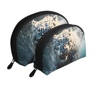 Set di 2 trousse portatili con motivo zebrato, tigre, leopardo, rosa, con cerniera, per cosmetici, Blue Eyed Snow Leopard, Taglia unica
