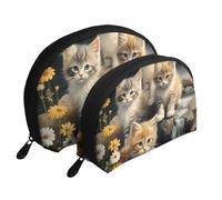Set di 2 trousse portatili con motivo zebrato, tigre, leopardo, rosa, con cerniera, per cosmetici, Simpatico gatto piccolo, Taglia unica