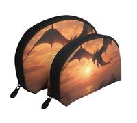 Set di 2 trousse portatili per il trucco con camino a legna da ardere, con cerniera, per cosmetici, Drago volante al tramonto sul mare, Taglia unica
