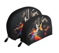 Set di 2 trousse portatili per il trucco con camino a legna da ardere, con cerniera, per cosmetici, Musica Rock, Taglia unica