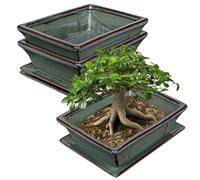 Set di 2 vasi bonsai in ceramica con sottovaso e fori di drenaggio per piante da appartamento giapponesi, decorazione retrò per set di contenitori da giardino all'aperto, diametro apertura 26 cm