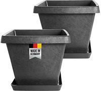 Set di 2 vasi per piante rettangolari e sottovaso, 34 x 34 cm, vaso per fiori, design innovativo con pietre extra stabili, colore: antracite, Made in Germany